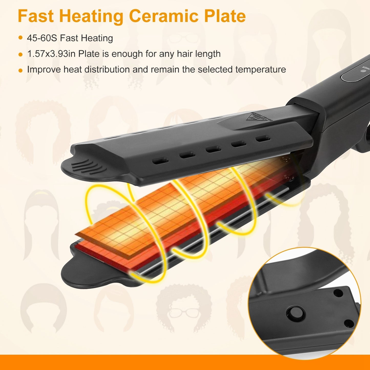 Ceramic Flat Iron Hair Straightener with 4 Temperature Settings.