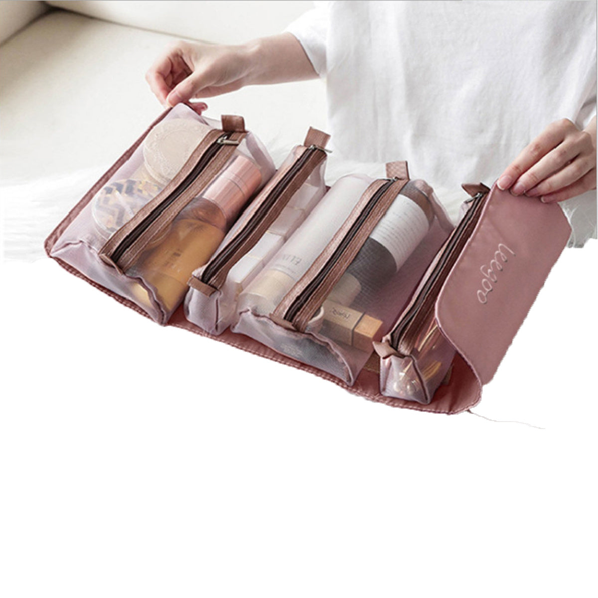 Detachable Cosmetic Bag with 4 IN 1 Removable Portable Toiletry Compartment.